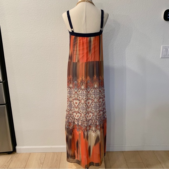Bebe Orange Blue Floral Boho Printed Chiffon Babydoll Maxi Dress - Picture 5 of 14
